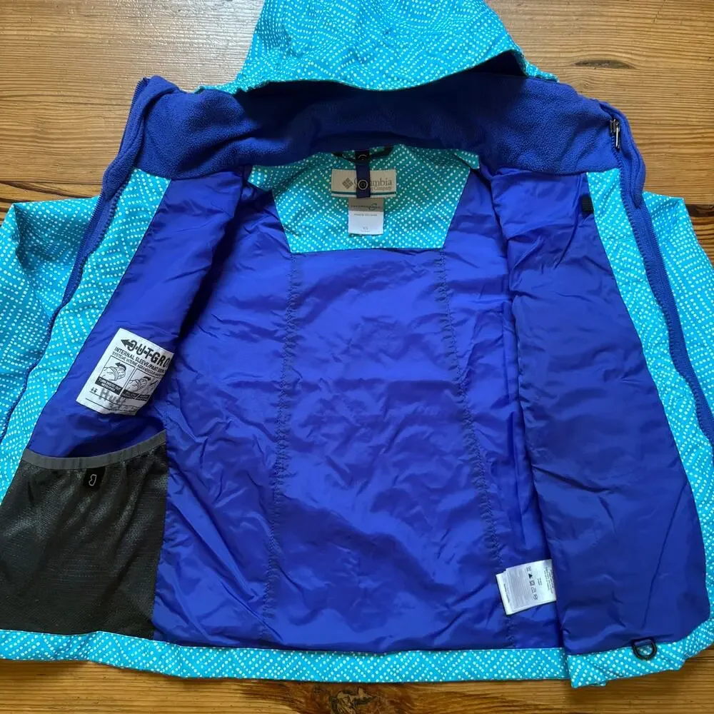 Columbia light blue white‎ dotted full zip hooded girls coat SIZE XS